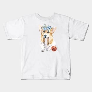 Cute Corgi with ball Watercolor art Kids T-Shirt